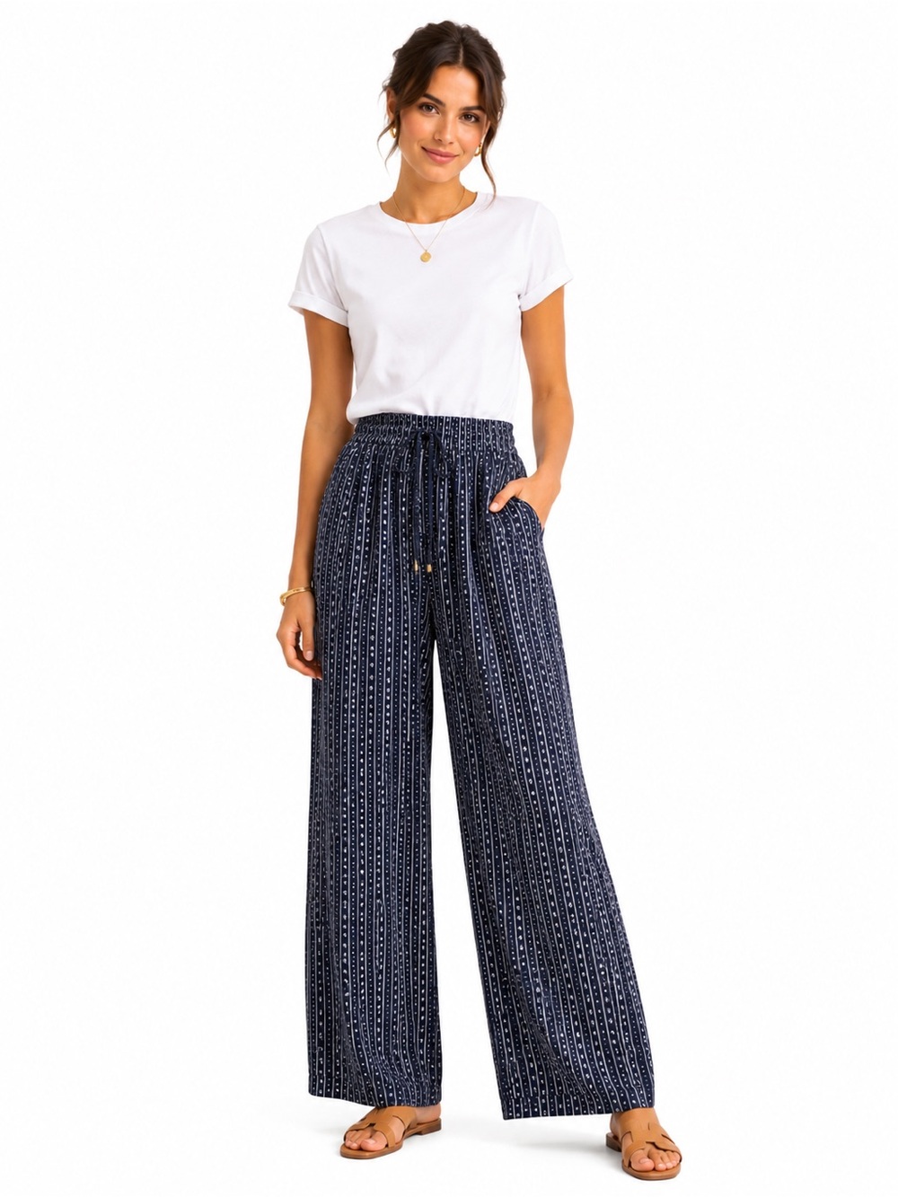Smocked Waist Wide-Leg Pants in Navy Geo